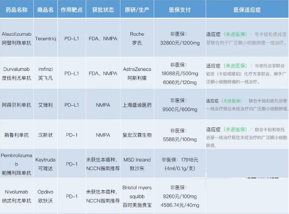 小细胞肺癌免疫治疗药物及费用医保信息