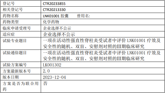 凌科药业LNK01001临床试验(活动性强直性脊柱炎)